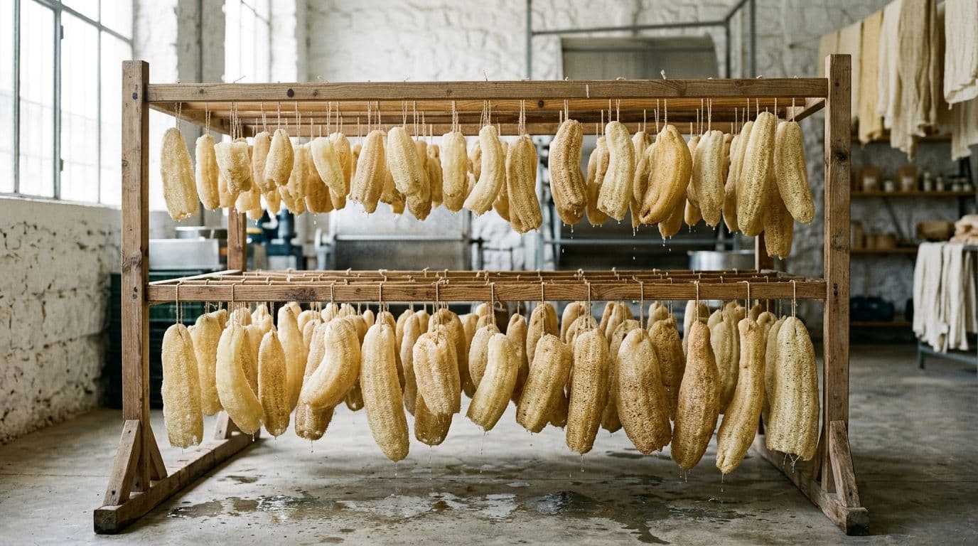 Cleaned loofah pieces hung on a drying rack at the White Lifa factory