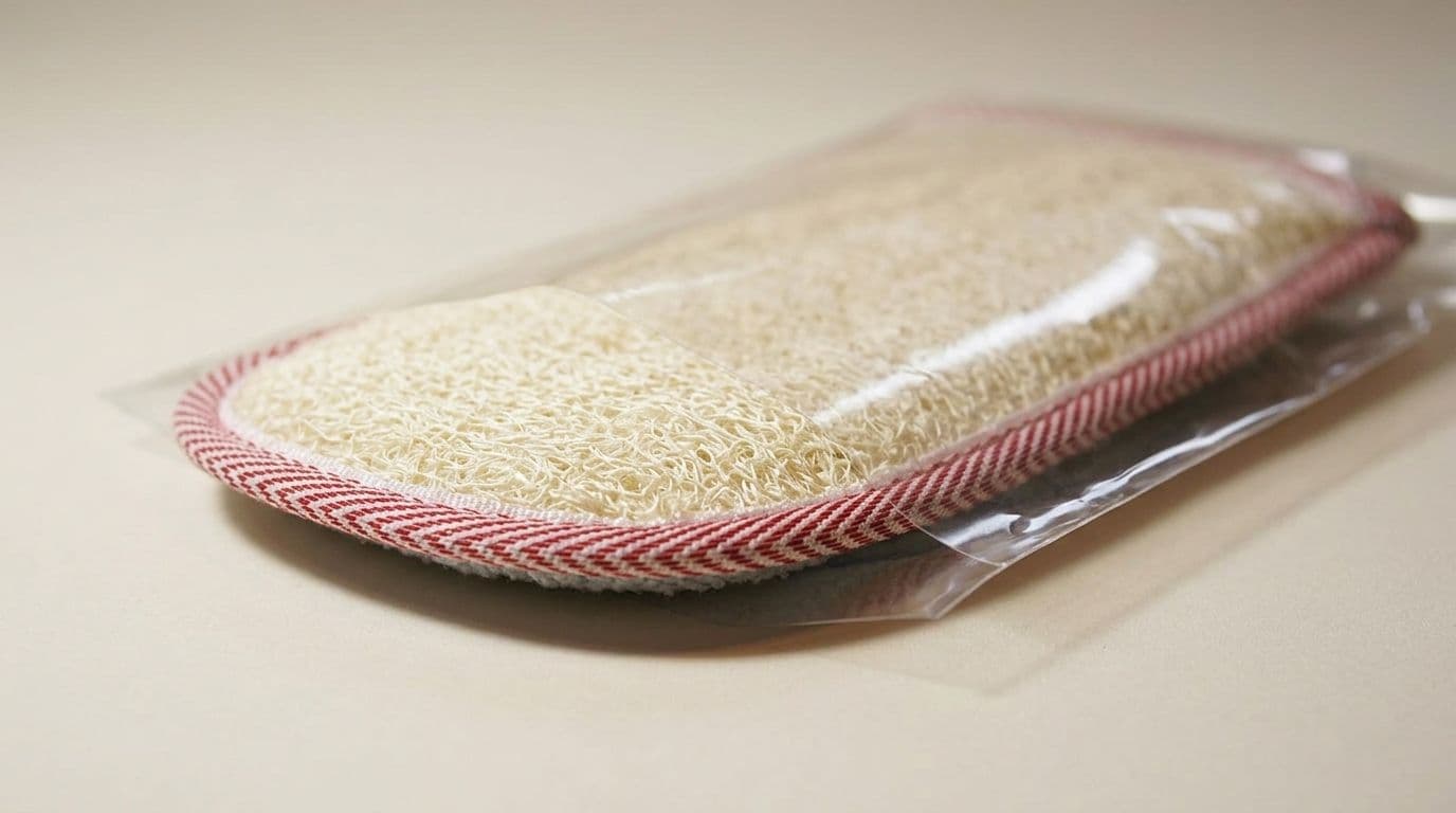 A finished loofah glove being bagged for retail packaging