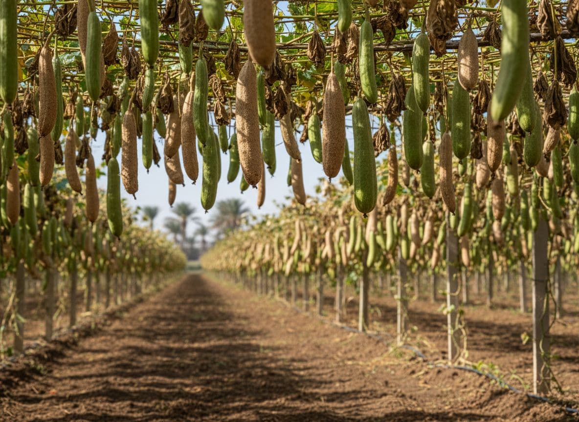 Loofah gourds maturing on the vine before harvest