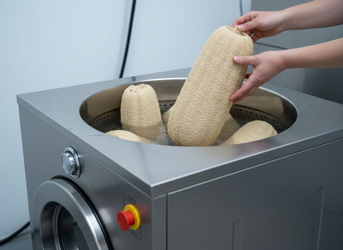 Hands lowering substantial whole dried loofah gourds into the open top of a stainless industrial washing machine