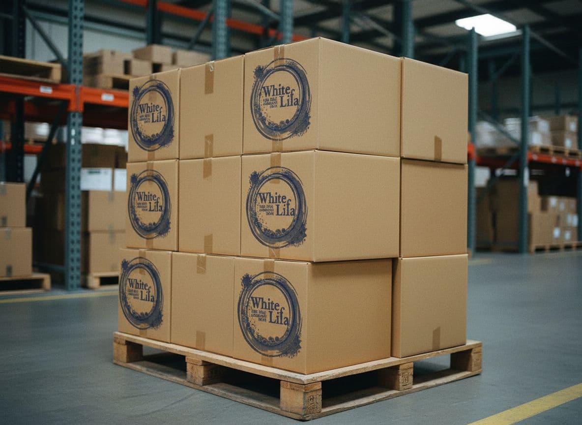 Stack of brown corrugated shipping boxes on a wooden pallet, each stamped with the White Lifa logo in dark blue ink, in a softly lit warehouse